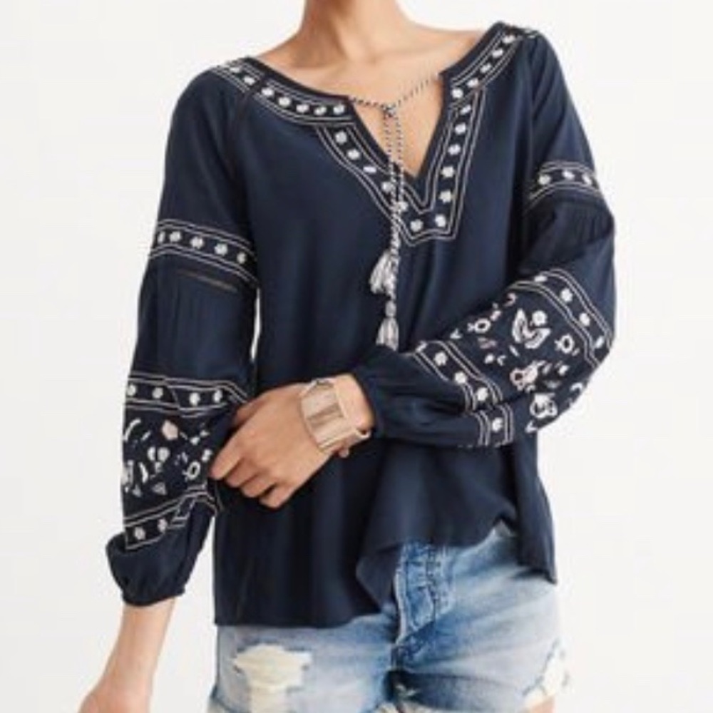 Abercrombie navy embroidered long sleeve blouse